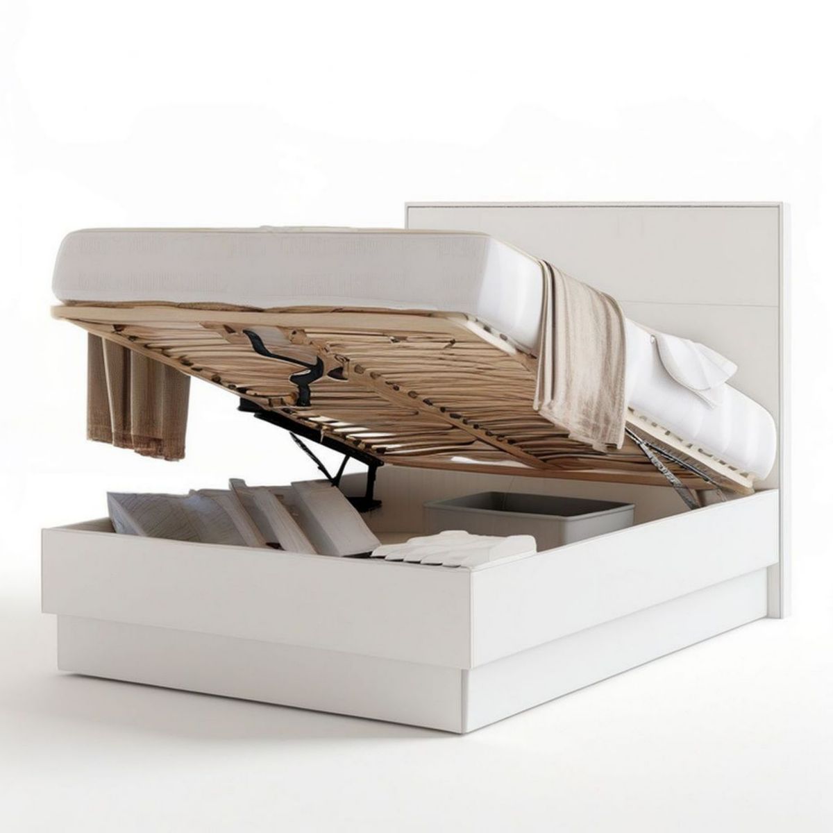 Doppelbett mit Stauraum und aufklappbarem Lattenrost, 160 x 200 cm, Weiss