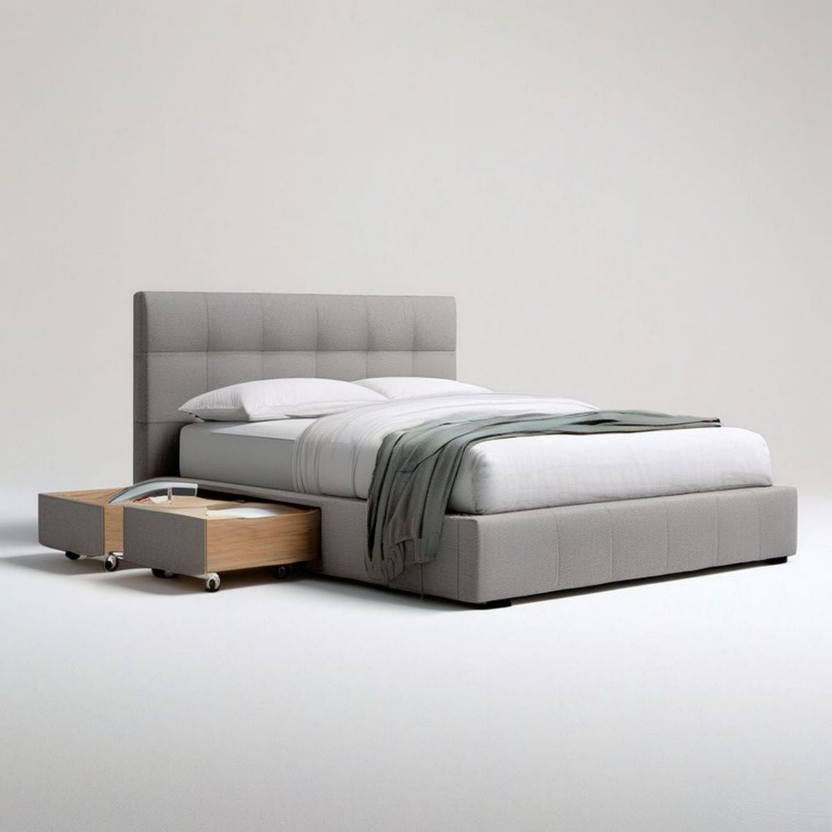 Gepolstertes Bett mit 2 Rollschubladen, 180 x 200 cm, Grau