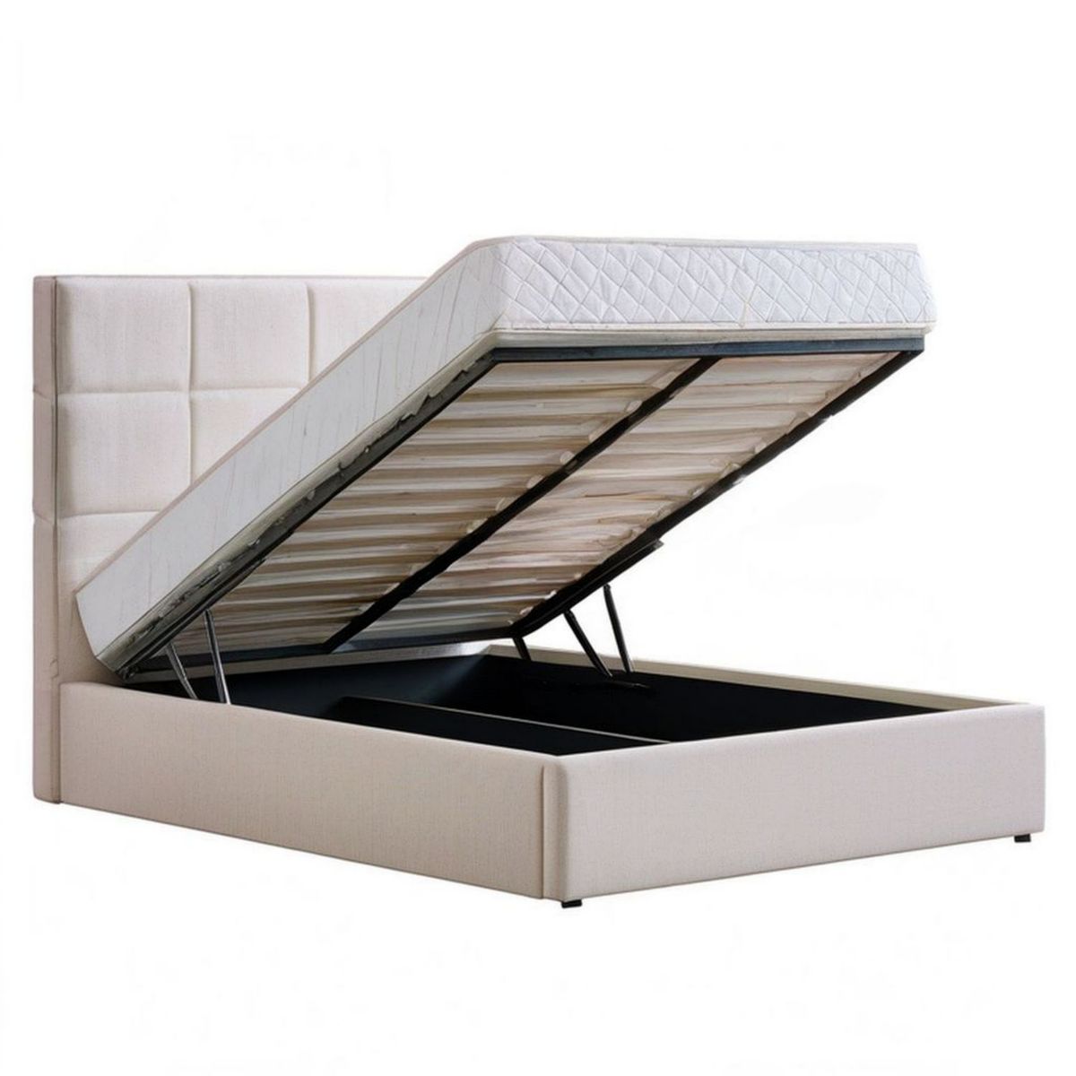Gepolstertes Bett mit Bettkasten und Gasdruckfedern, 160 x 200 cm, Beige/Schwarz