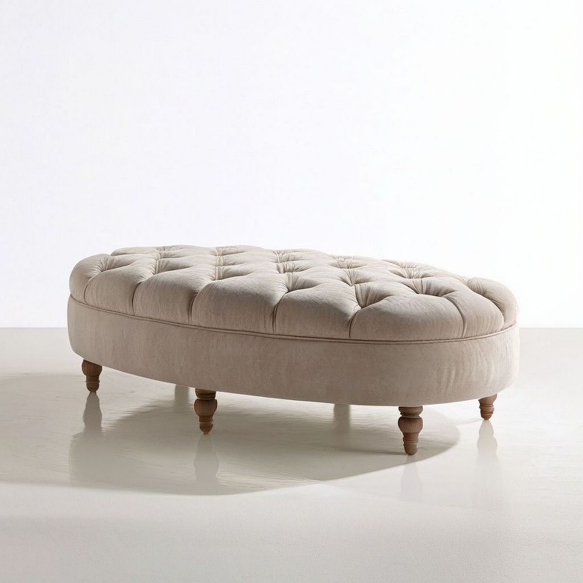 Ovale Bettbank mit Knopfheftung, Polyesterbezug und Massivholzbeinen, 140 x 70 x 45 cm, Beige/Braun