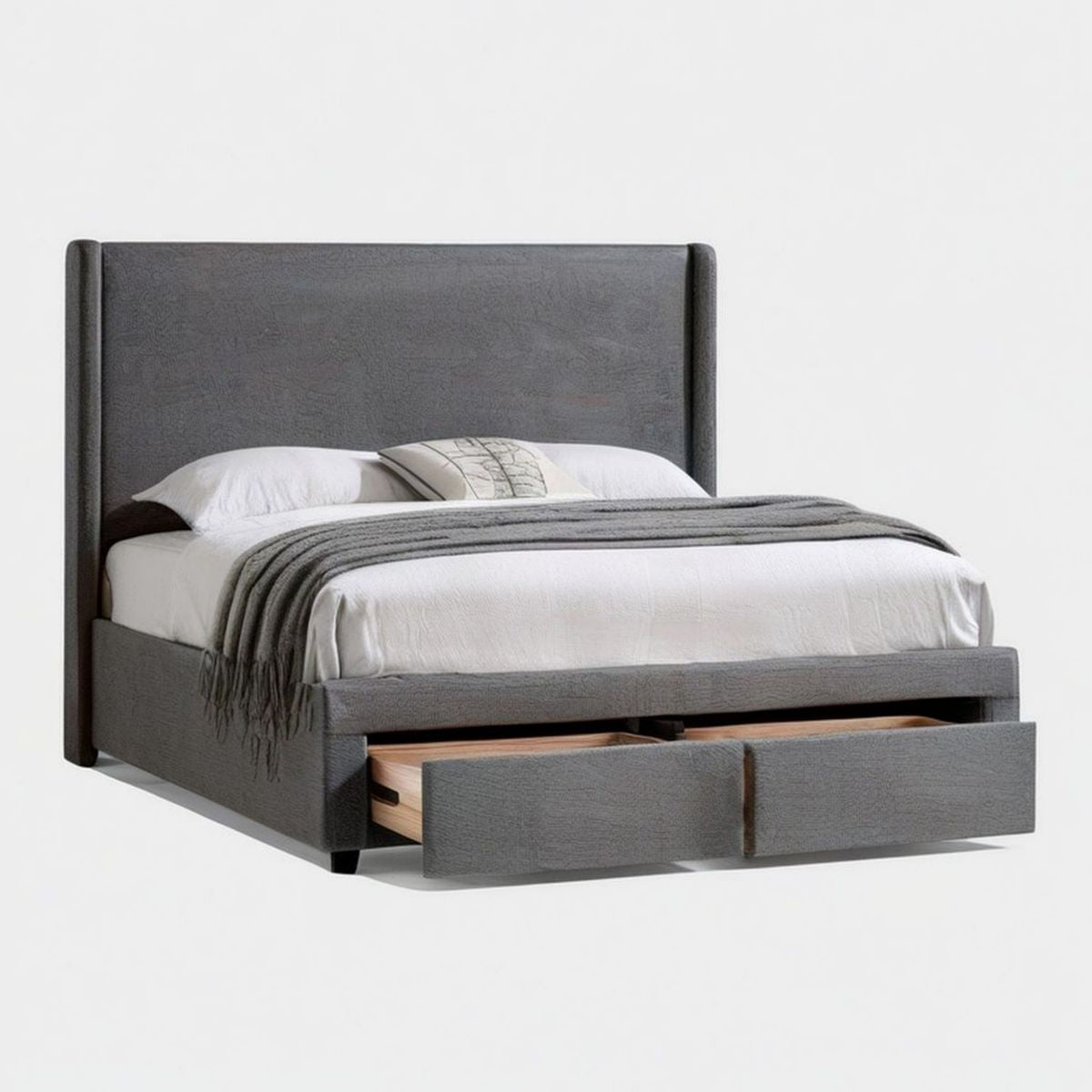 Dunkelgraues Polsterbett mit 2 Schubladen, 160 x 200 cm, Polyester und MDF