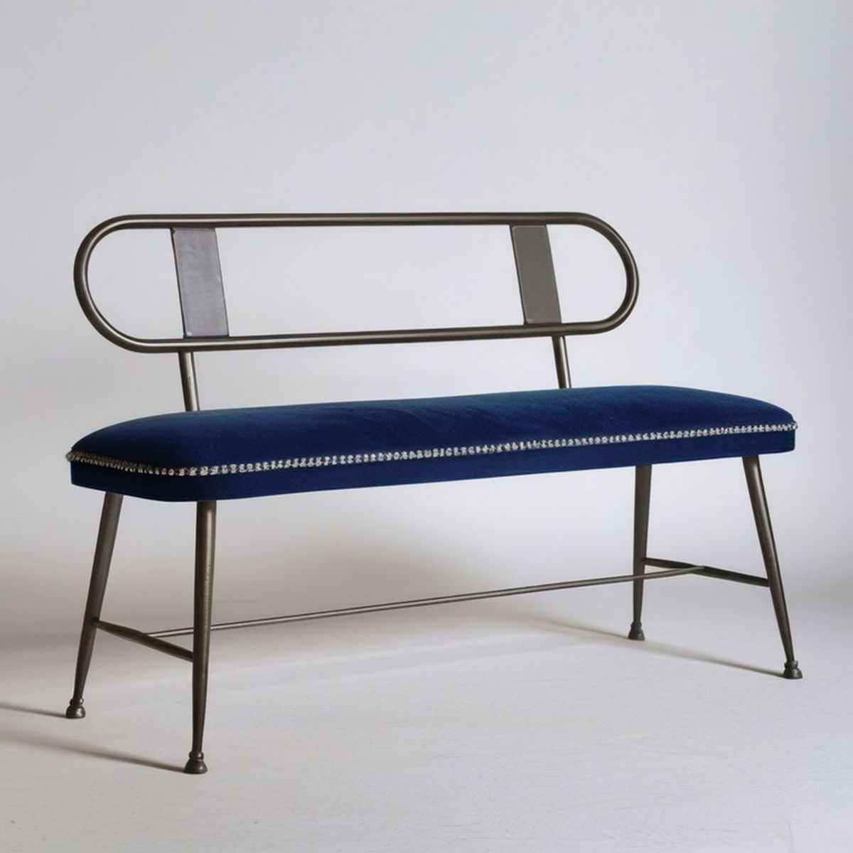 Gepolsterte Sitzbank mit Rückenlehne, 120 x 45 x 85 cm, Dunkelblau/Antikbronze, Polyester-Samt und Stahl