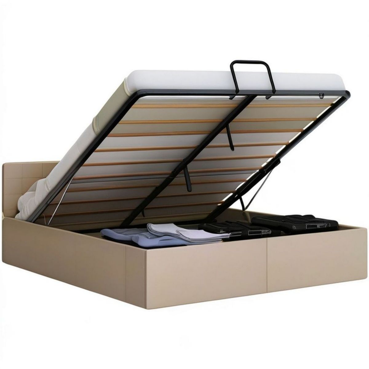 Polsterbett 160 x 200 cm Beige aus Kunstleder mit Stauraum und hochklappbarem Lattenrost