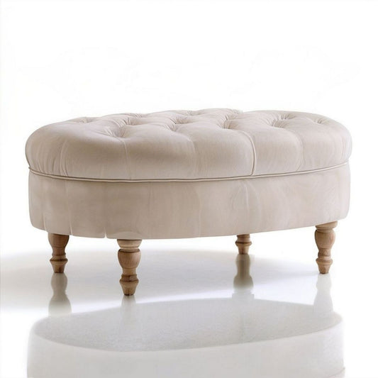 Ovale gepolsterte Sitzbank mit Knopfheftung, Creme, 110 x 60 x 45 cm