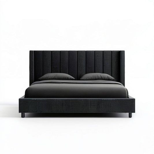 Schwarzes Doppelbett aus PU-Kunstleder, 180 x 200 cm, mit gepolstertem Kopfteil